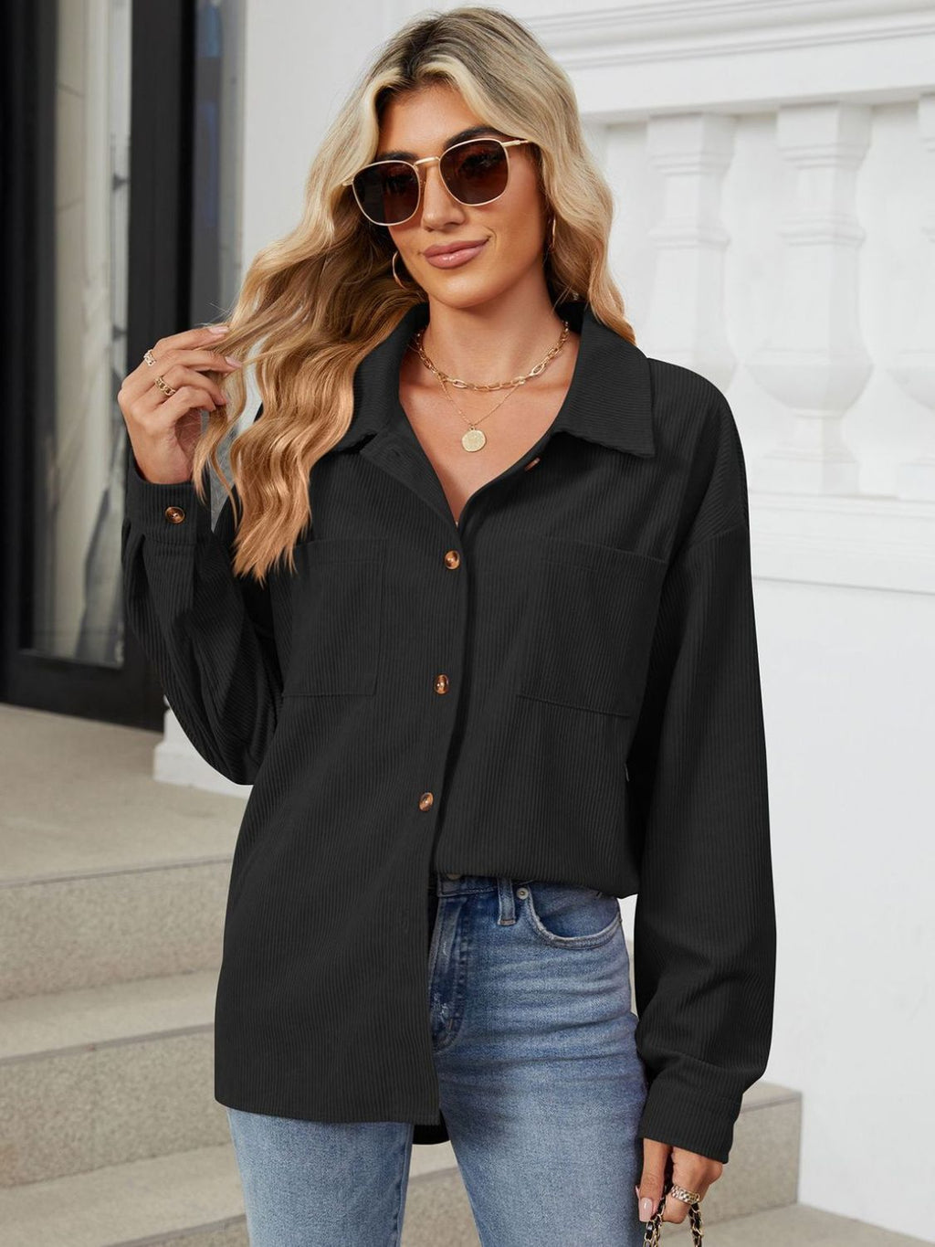 Rayon Button Up Dropped Shoulder Long Sleeve Shirt