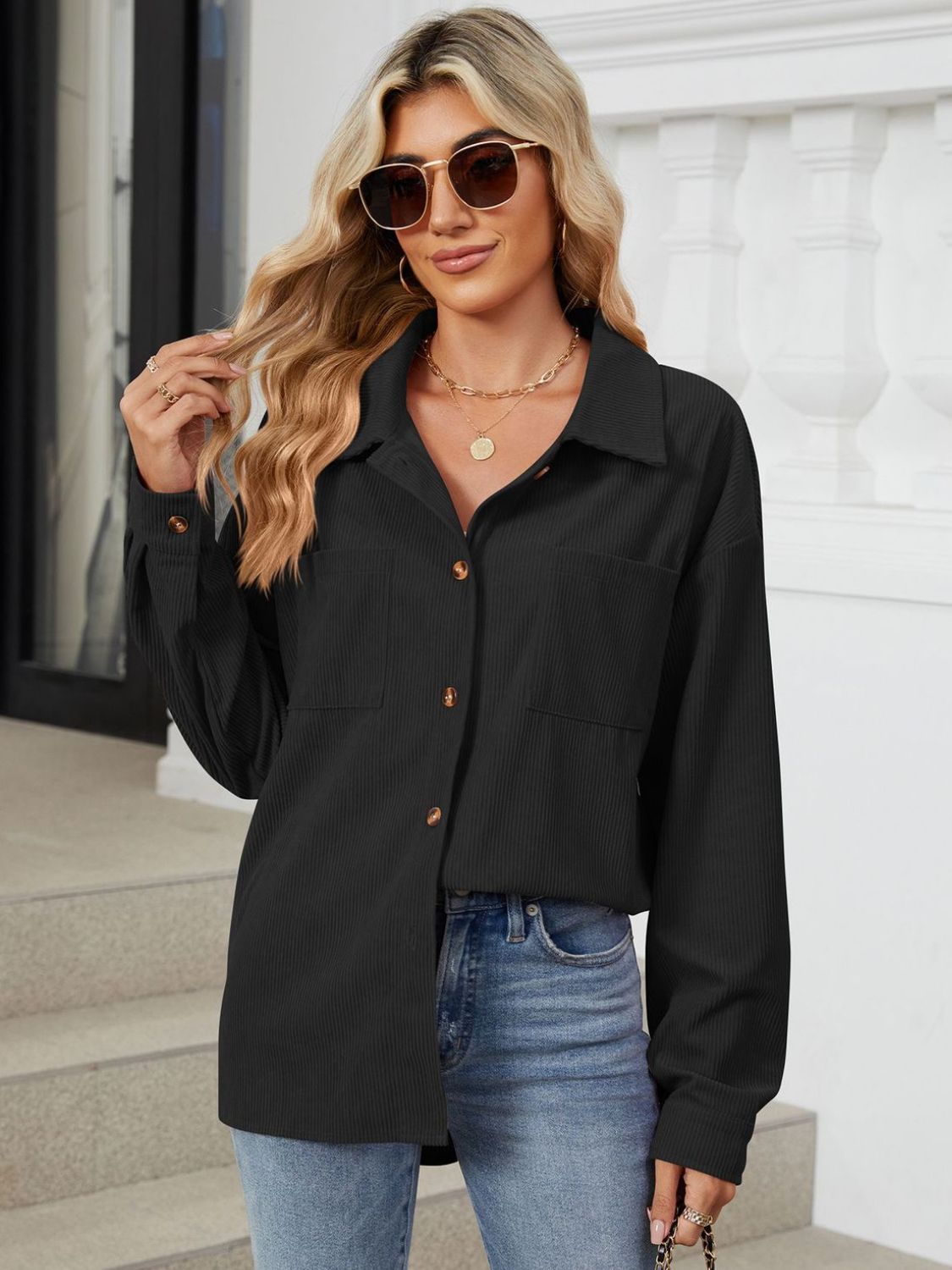 Rayon Button Up Dropped Shoulder Long Sleeve Shirt