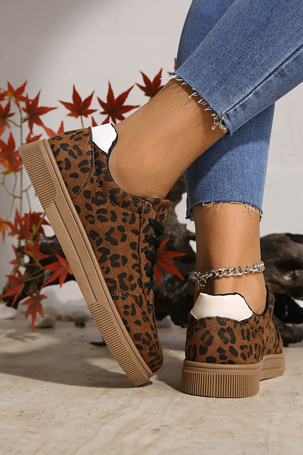 Womens Leopard Print Patchwork Lace Up Sneakers - Image 2