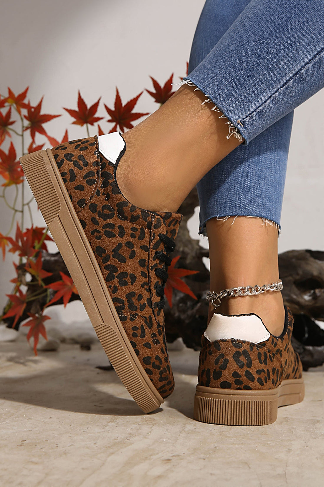 Womens Leopard Print Patchwork Lace Up Sneakers - Image 2