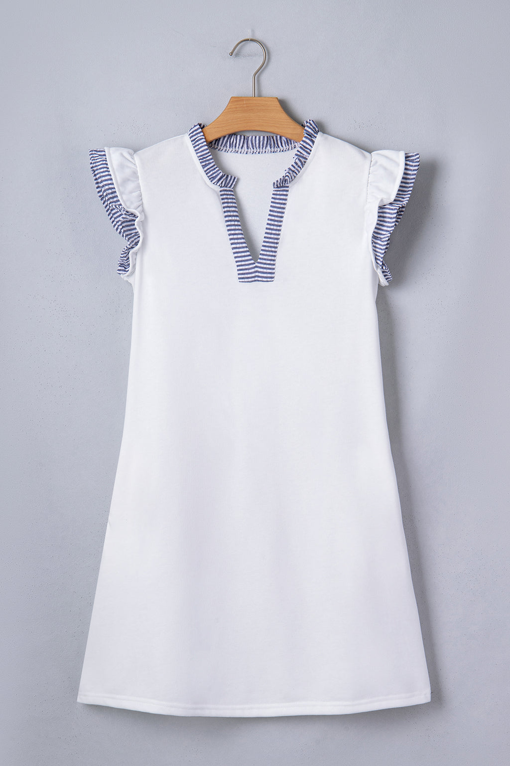 White Contrasted Striped Patchwork Split Neck Ruffle Trim Sleeveless Dress