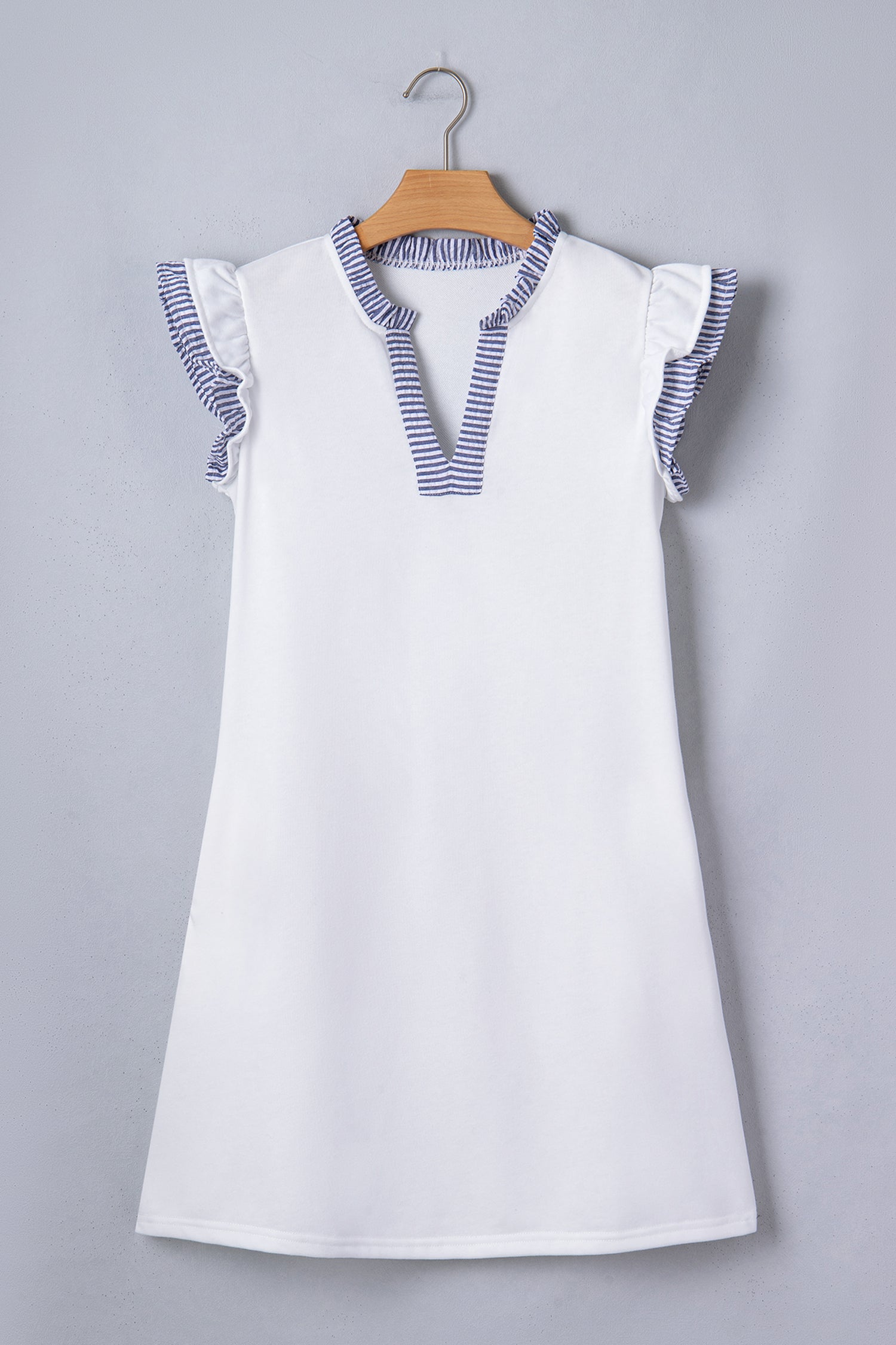 White Contrasted Striped Patchwork Split Neck Ruffle Trim Sleeveless Dress