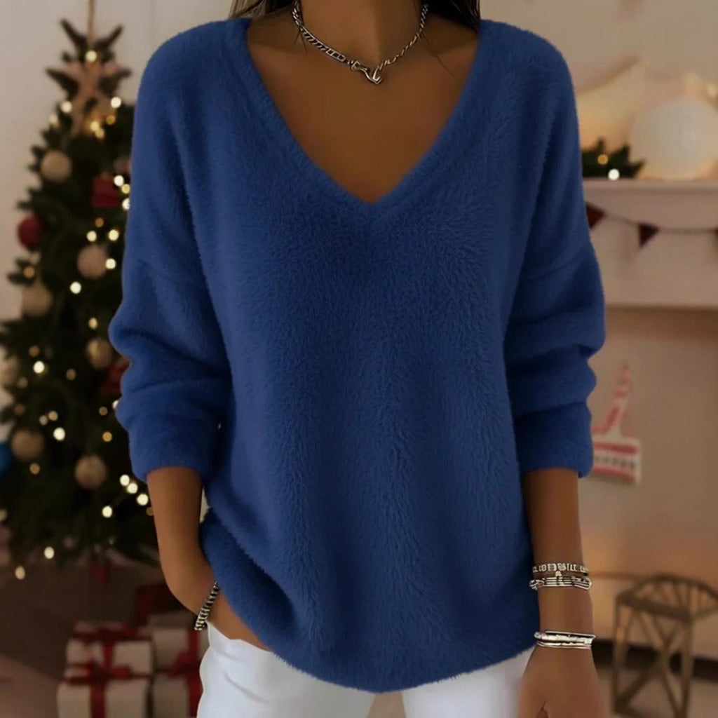 Women’s Plush V-Neck Drop Shoulder Pullover Sweater in Pink - Image 3