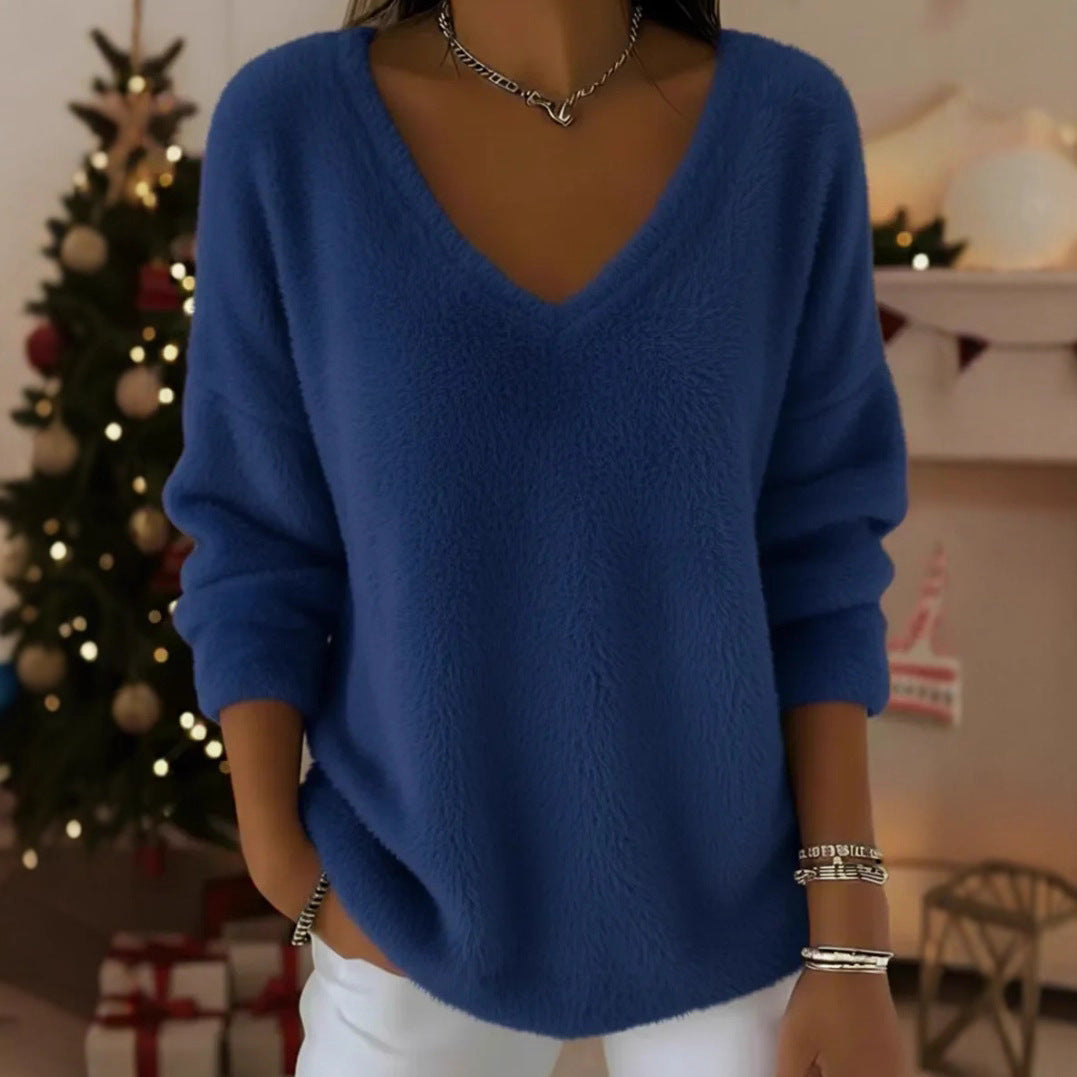 Women’s Plush V-Neck Drop Shoulder Pullover Sweater in Pink - Image 3