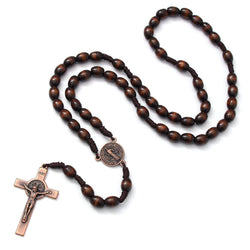 Rosary Necklace With Cross Wooden Beads Braided Cord Jewelry