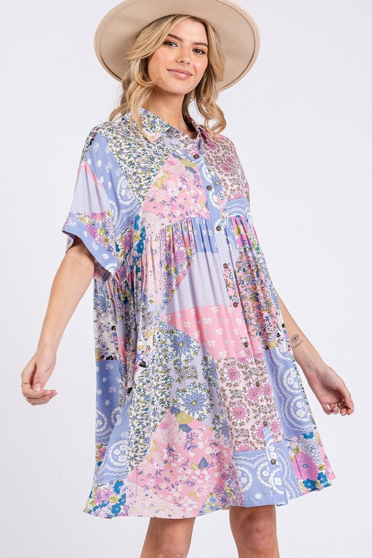 Floral Collared Mini Shirt Dress - Feminine Half Sleeve Dress