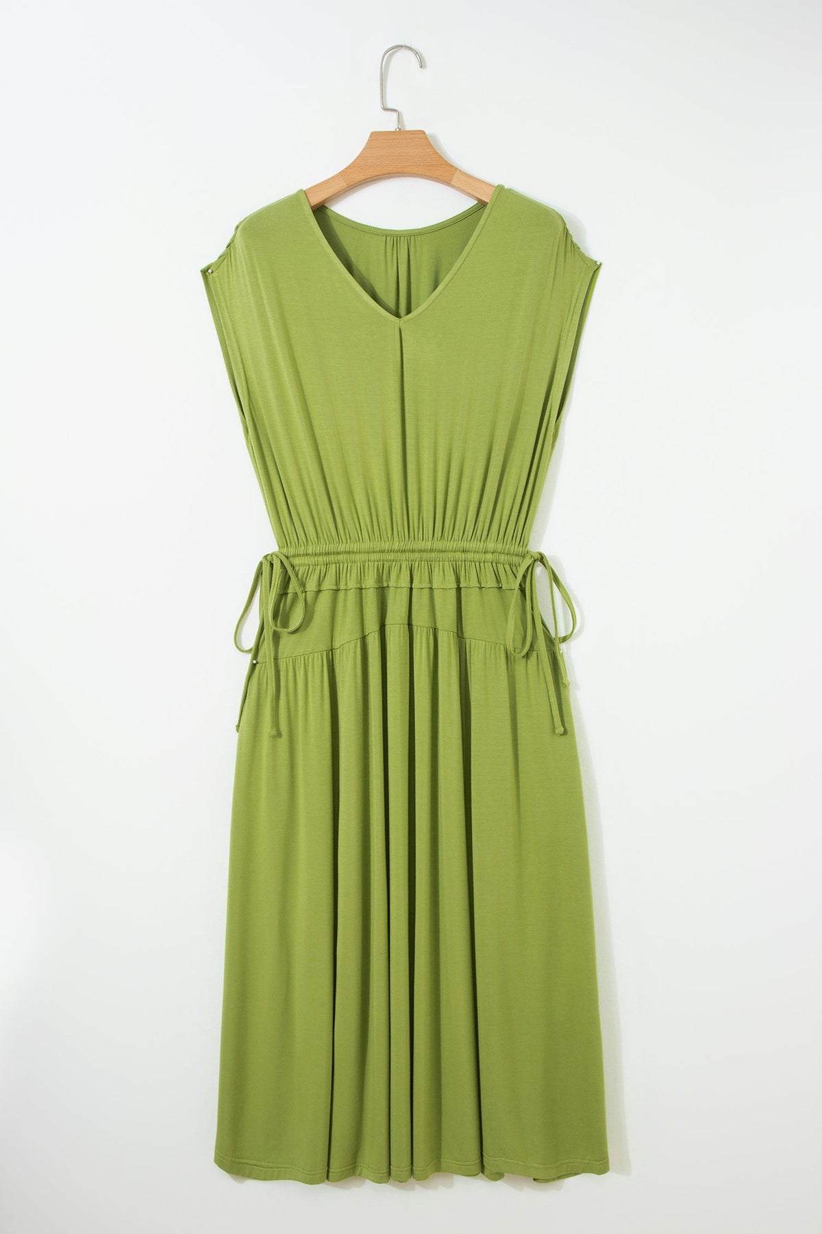 Solid V-Neck Cap Sleeve Elastic Waist Dress