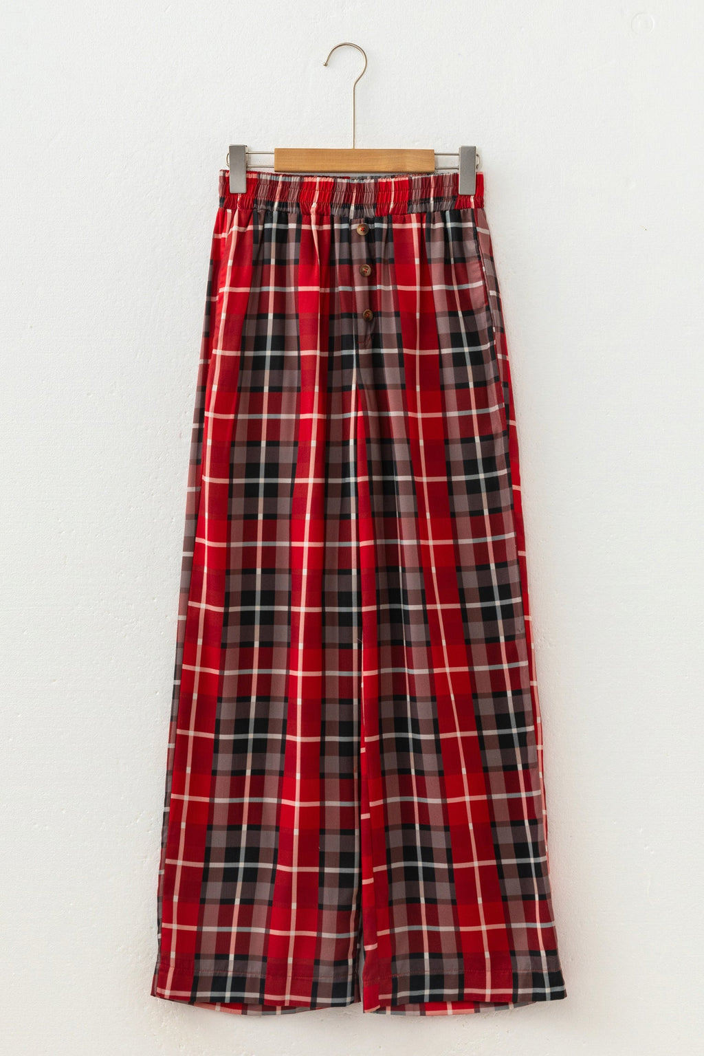 Plaid Buttoned Elastic Waist Wide Leg Pants