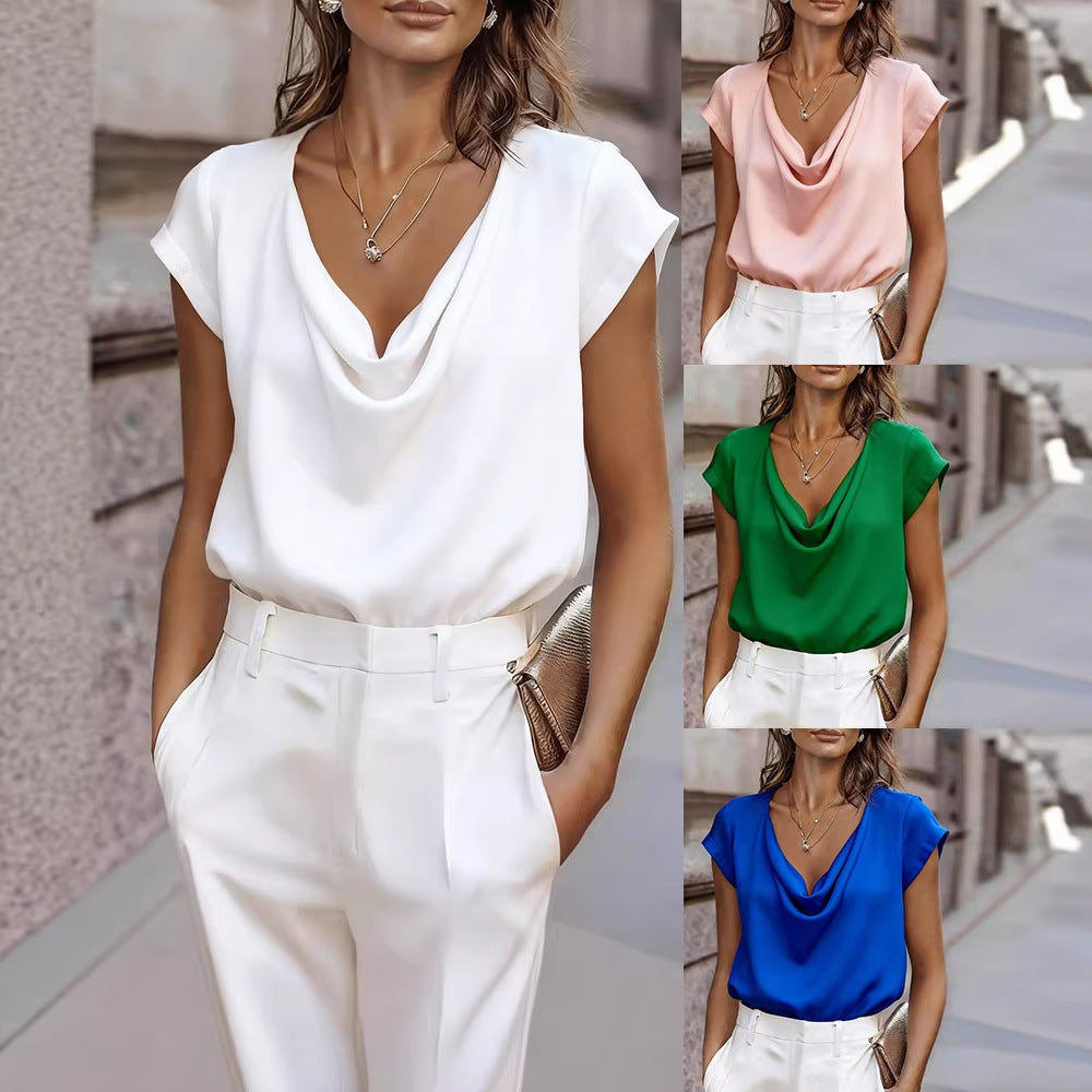 Women's Short-Sleeve Cowl Neck Top Casual Satin-Finish Blouse