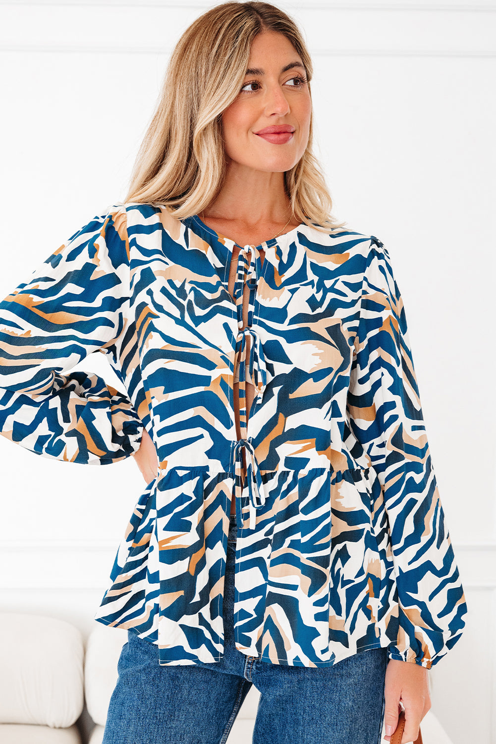 Zebra Print Tie Front Puff Sleeve Blouse