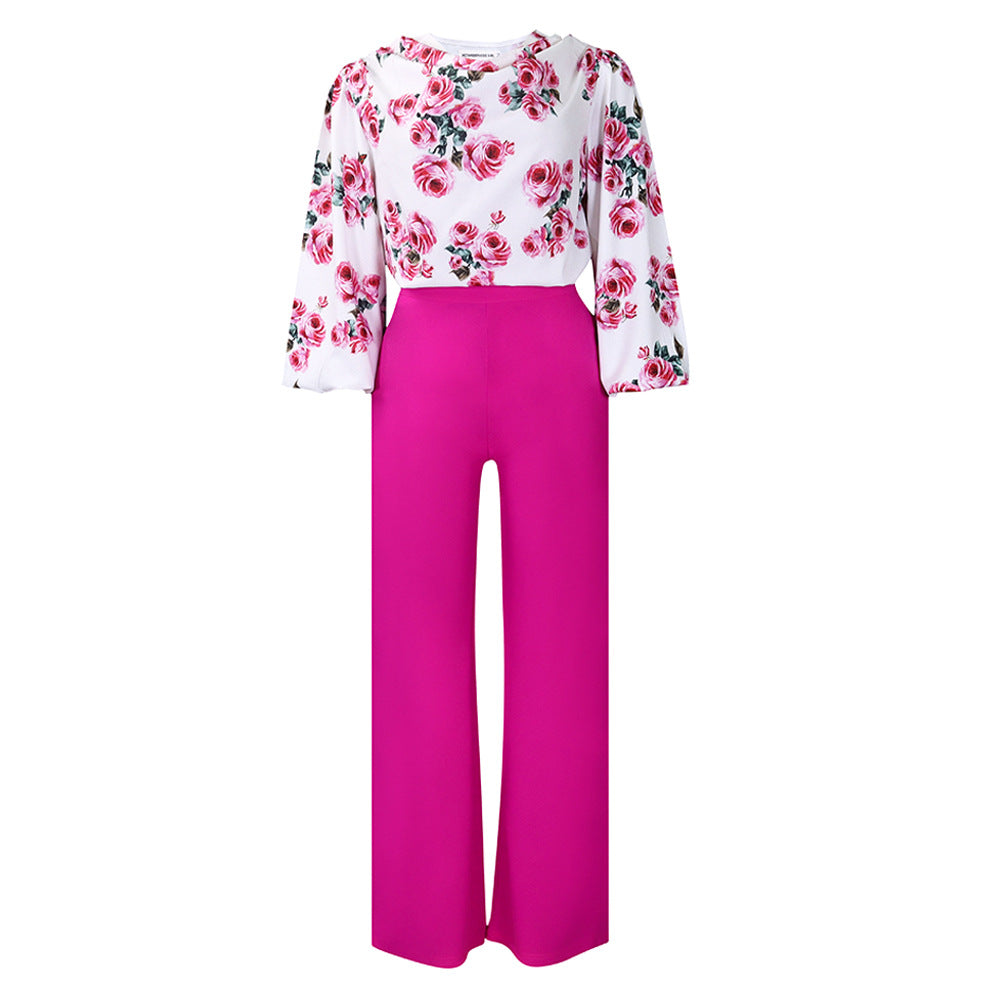 Printed Floral Blouse and Wide-Leg Pants Set