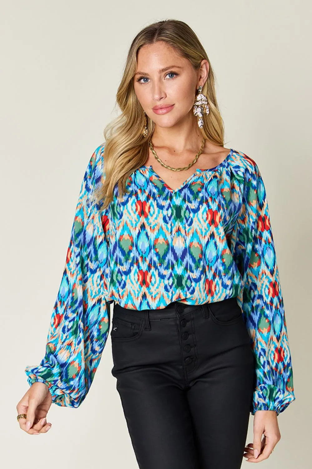 Printed Balloon Sleeve Blouse | Geometric V-Neck Chiffon Top