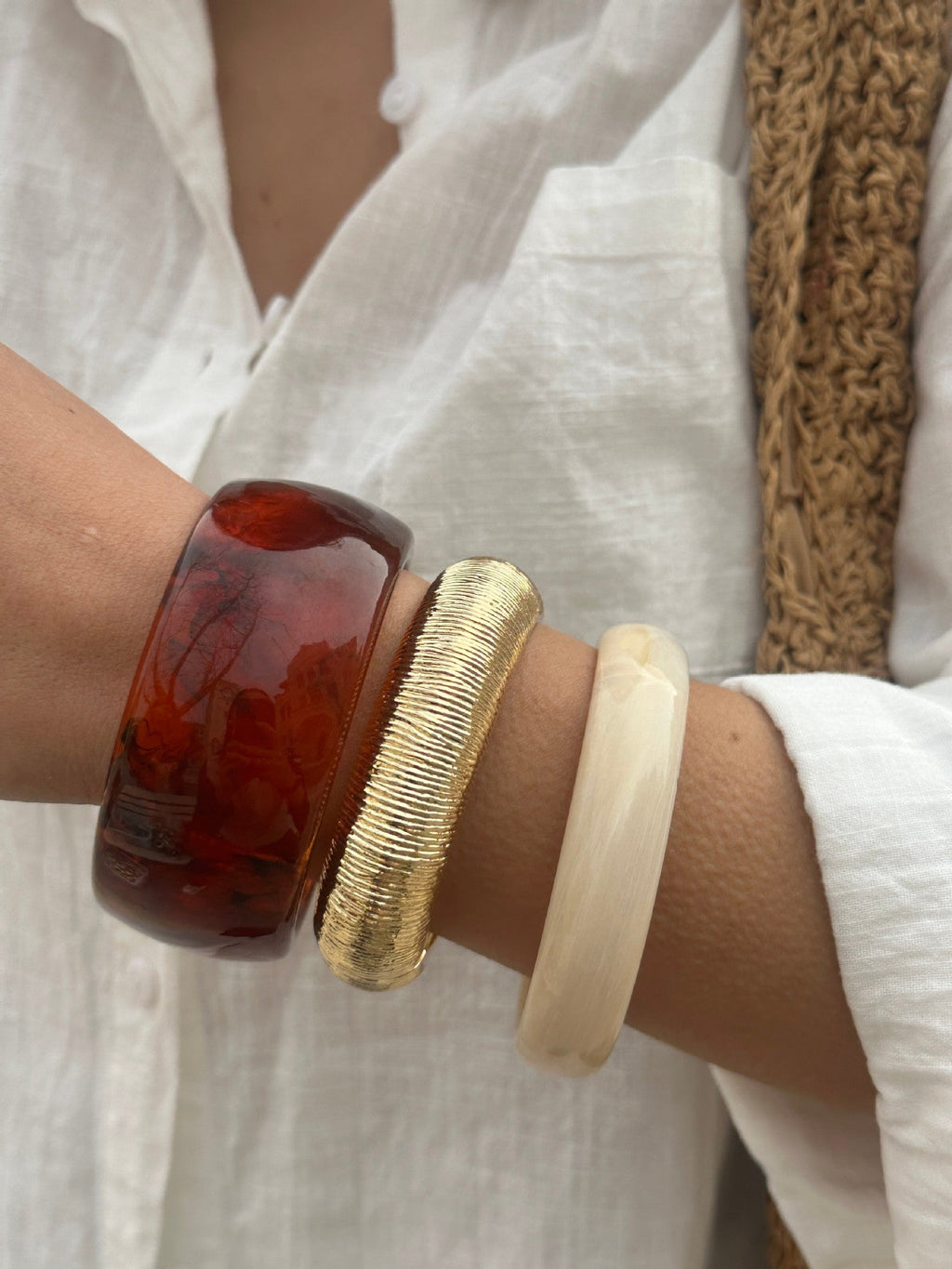Amber Resin Bangle Stack Bracelet Set in Caramel and Cream