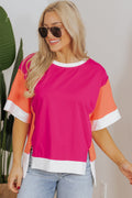 Rose Red Color Block Patchwork Side Slit Loose T-Shirt