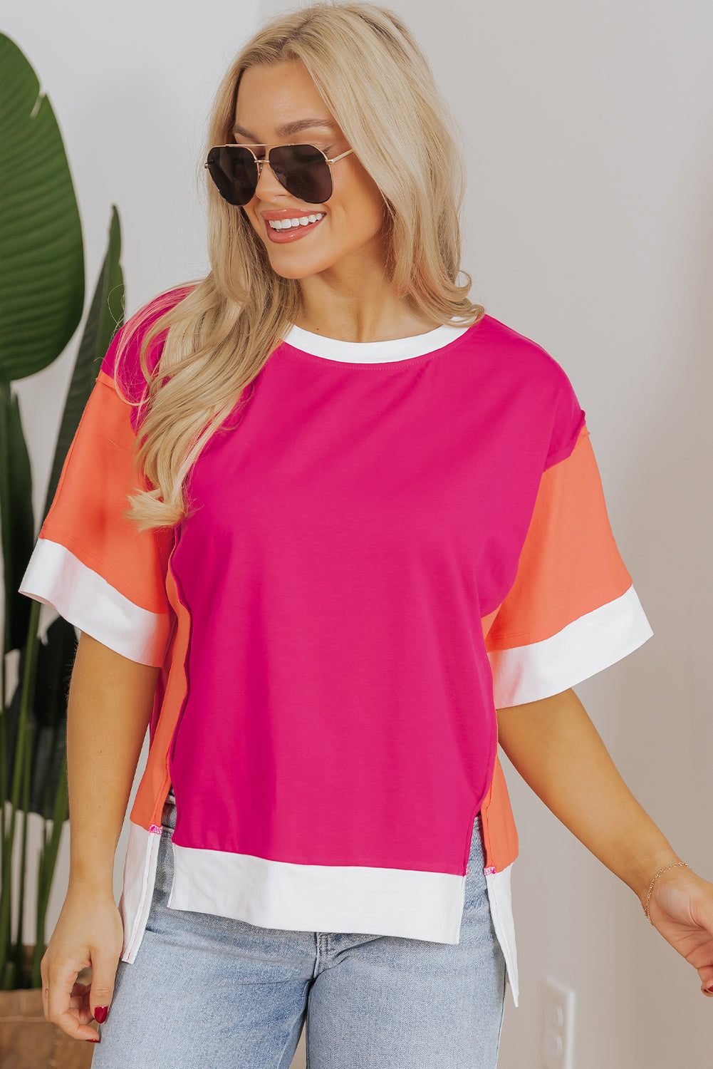 Rose Red Color Block Patchwork Side Slit Loose T-Shirt