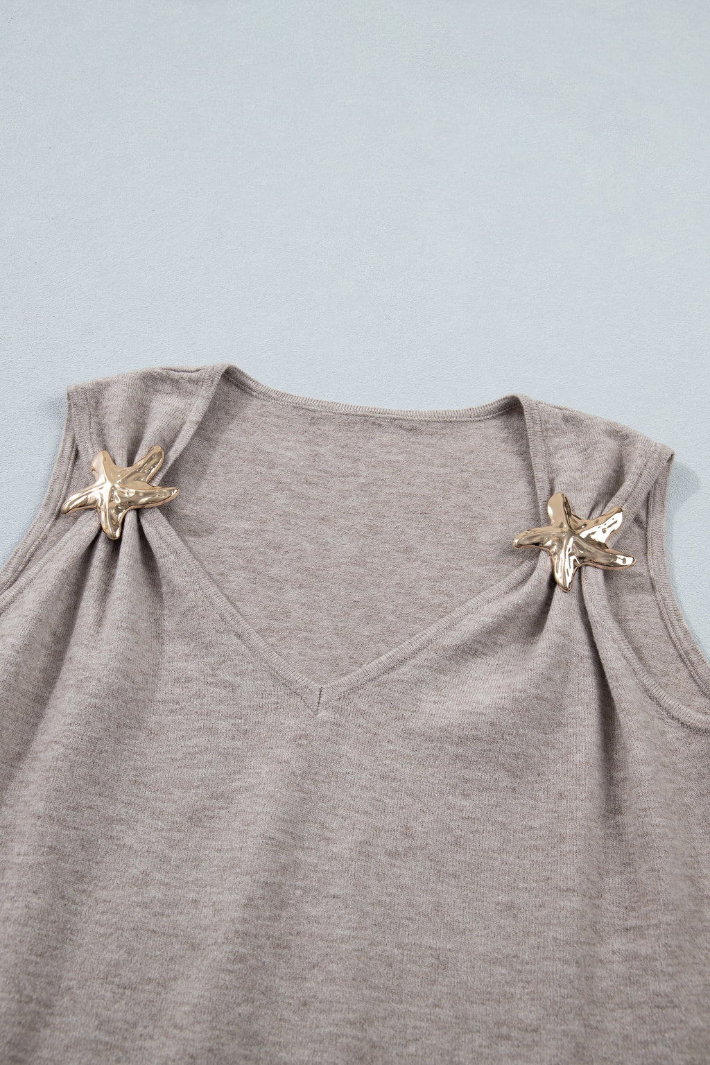 Beige Starfish Detail V-Neck Sweater Knit Tank Top - Image 5