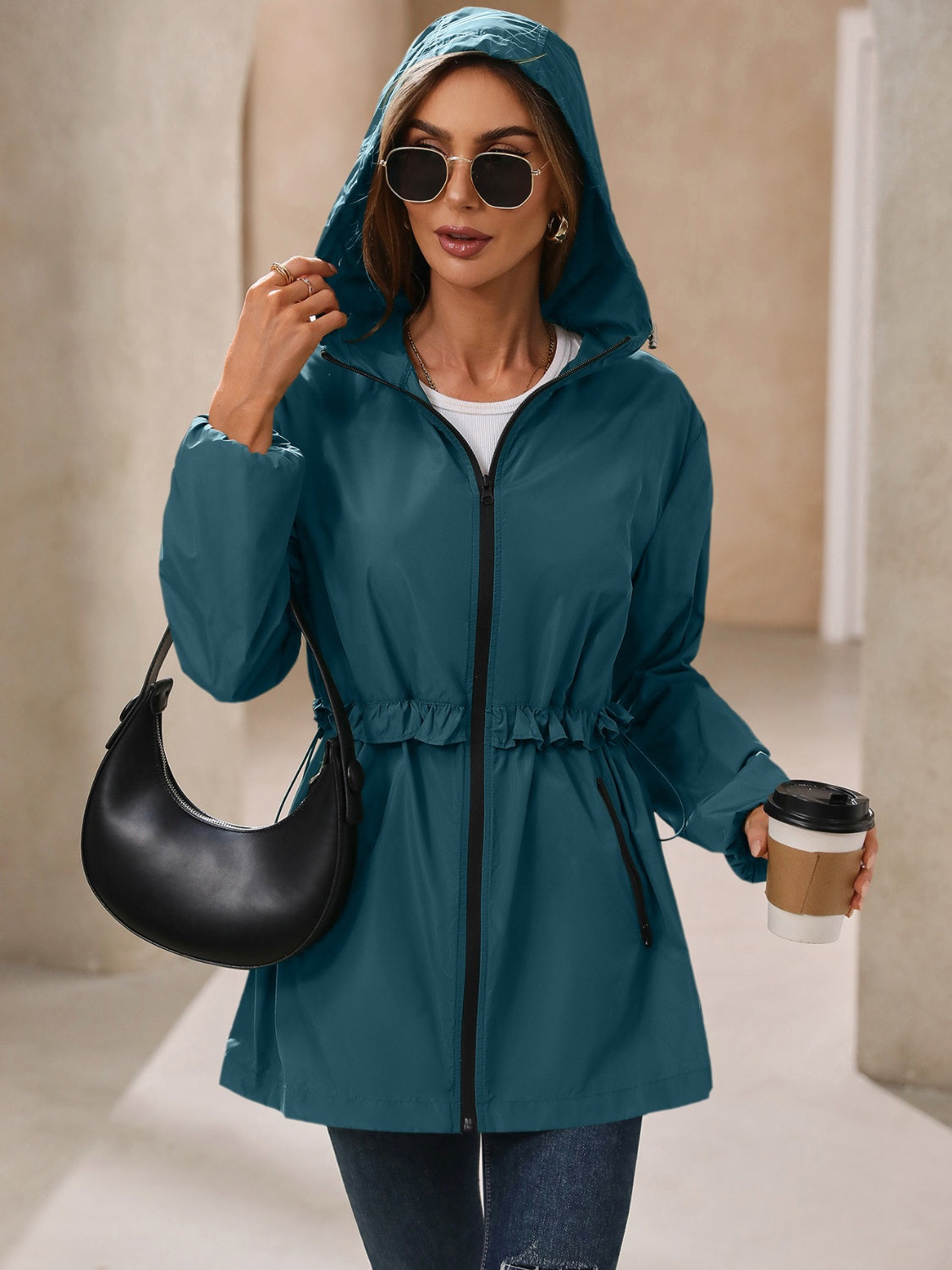 Women's Waterproof Hooded Windbreaker Jacket with Waist Detail - Image 24