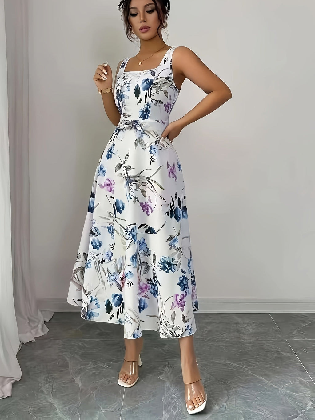 Elegant Floral A-Line Sleeveless Square Neck Long Dress