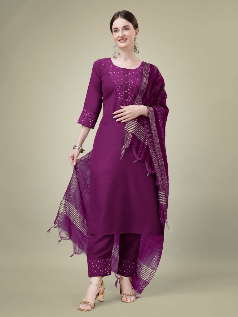 Jyoti Fashion Women's Purple Cotton Blend Embroidery & Sequence work Kurta with Trouser & Dupatta