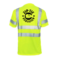 Back view of a high-visibility yellow safety T-shirt with Zip Tie Certified graphic and reflective stripes