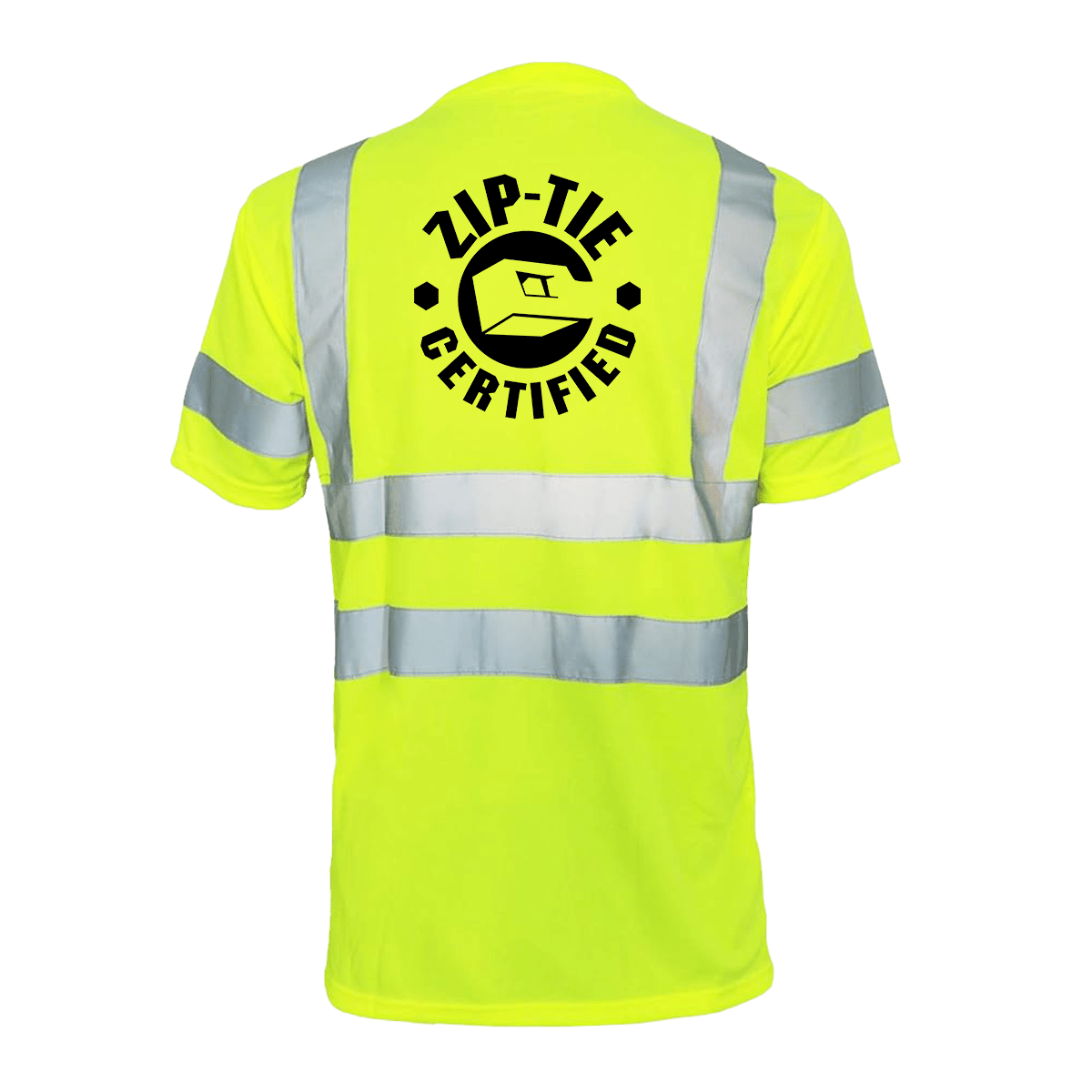 Back view of a high-visibility yellow safety T-shirt with Zip Tie Certified graphic and reflective stripes