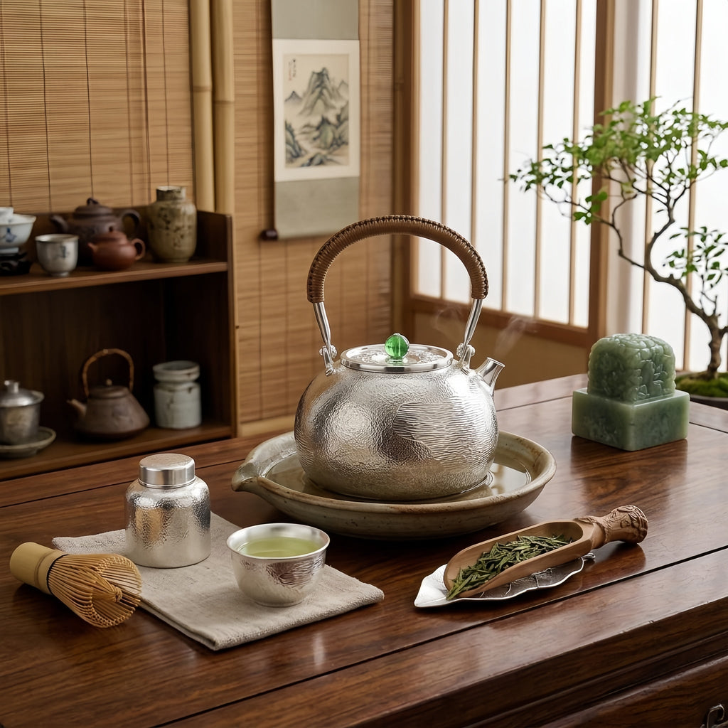 Handcrafted 999 fine silver teapot with hammered texture, brown rattan handle, and a green jade-like knob.