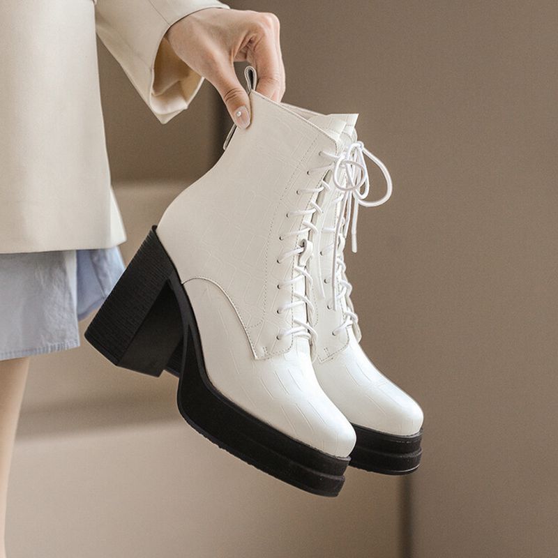 Women's Round Toe Platform Short Boots - Leather Lace-Up Style - Image 6