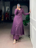 A straight-cut purple suit in soft N.V Herry fabric with a refined plain finish