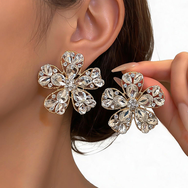 Womens Exaggerated Large Flower Rhinestone Stud Earrings,Heavy Craft Style Light Luxury Party Fashion Earrings