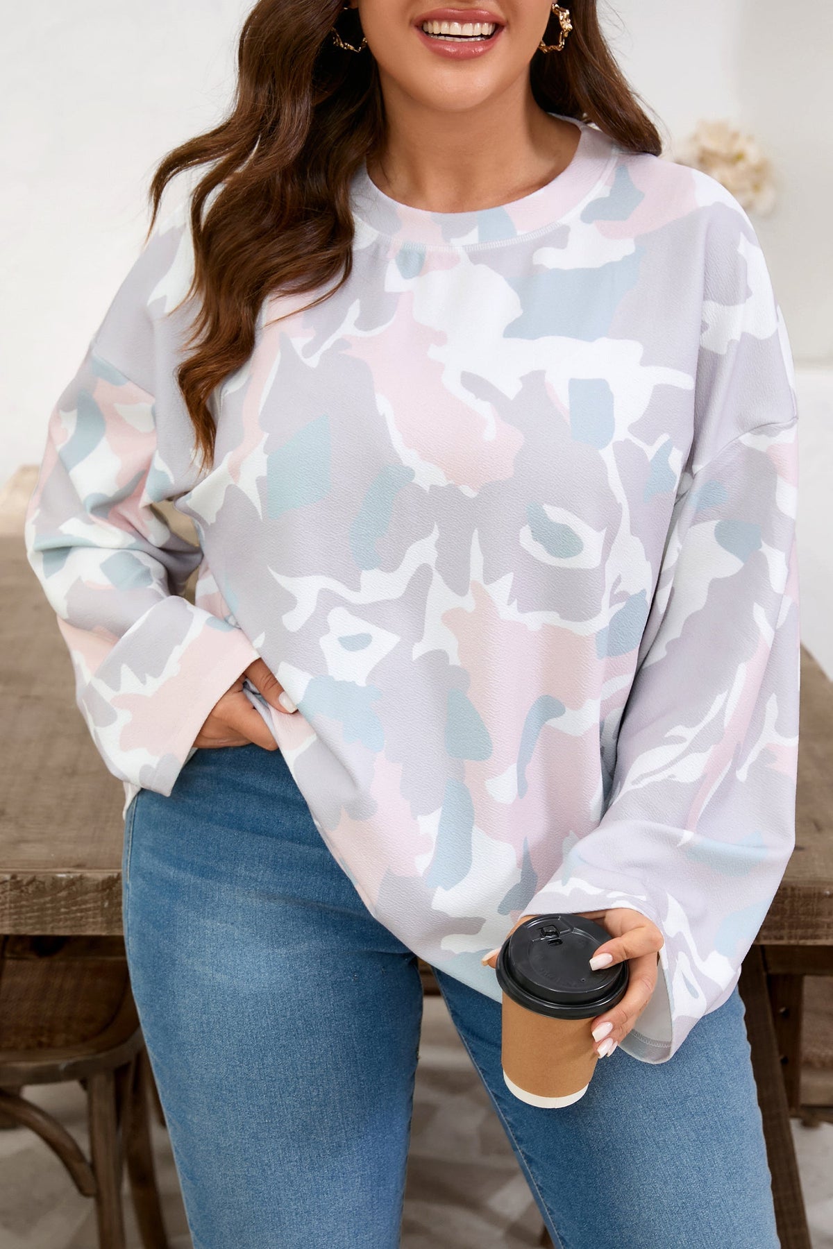 Plus Size Camo Drop Shoulder Pullover Top
