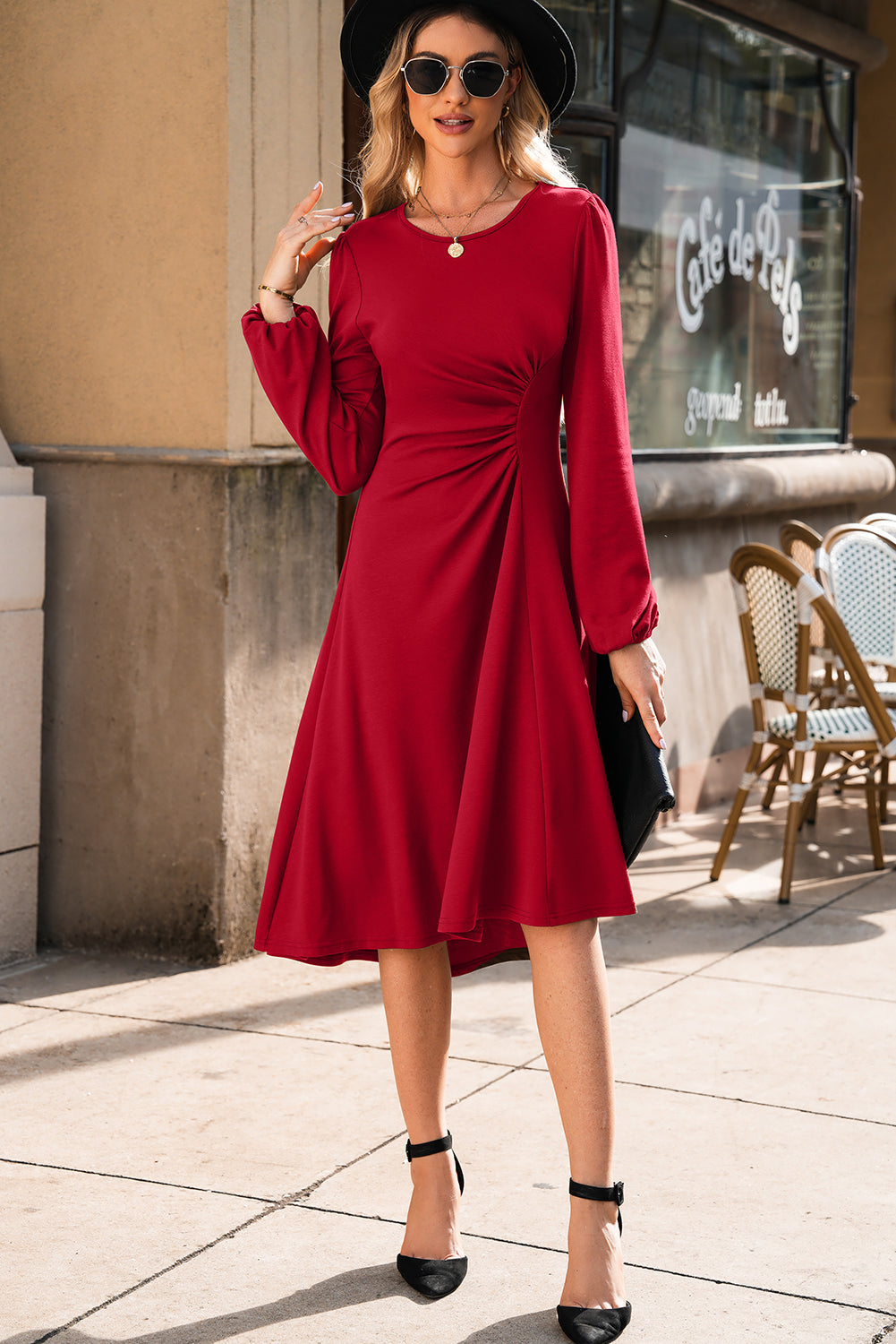 Solid Ruched Long Sleeve Midi Dress