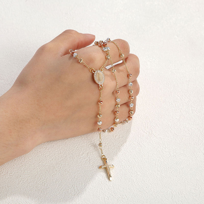 Retro Beaded Cross Necklace in Gold Tone Alloy