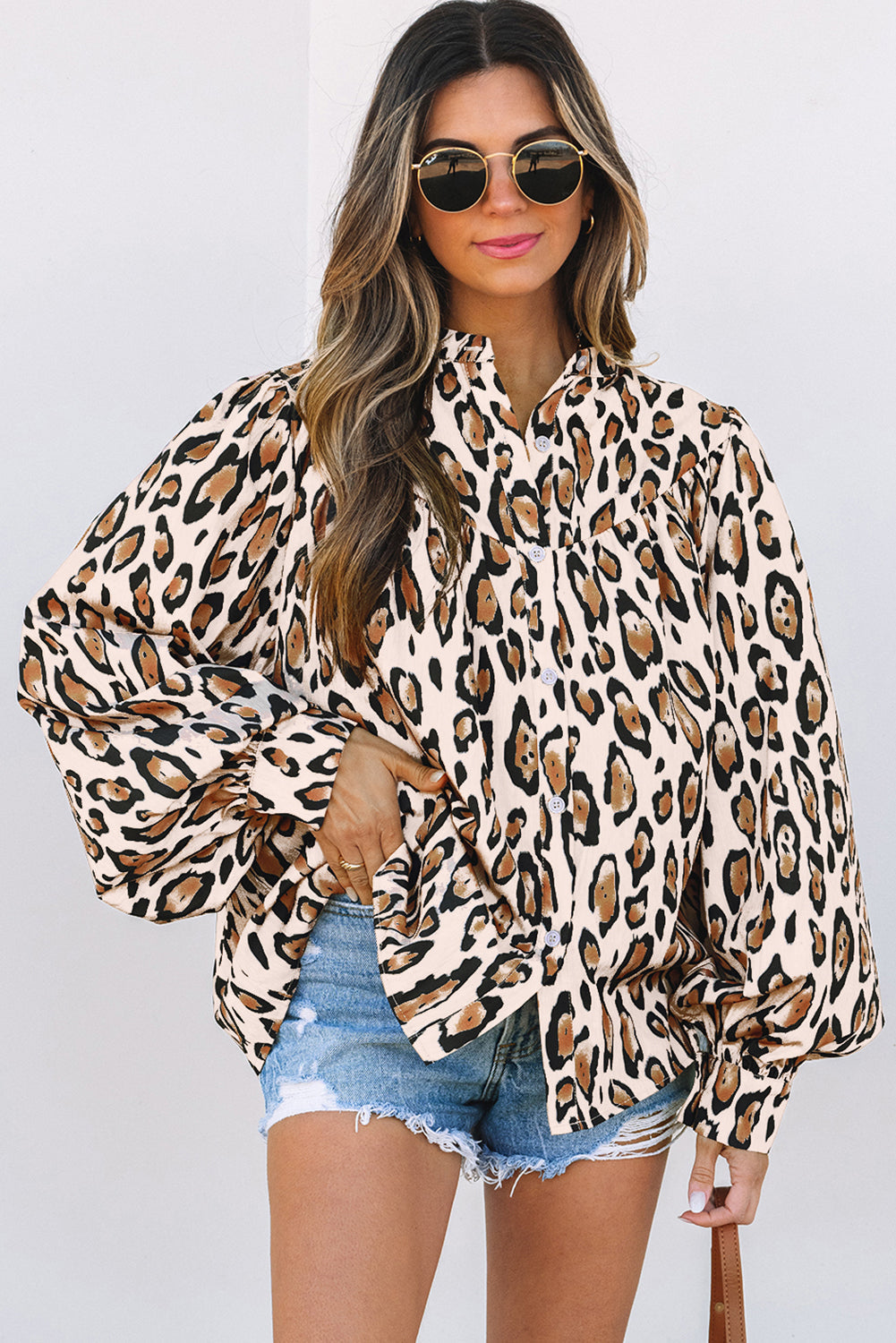 Oversized Leopard Print Balloon Sleeve Shirt | Polyester