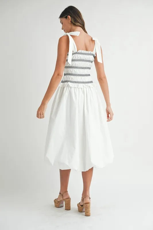 Smocked Bodice Bubble Midi Dress For Women – Stylish Smocked Bodice, Playful Bubble Skirt, Trendy Midi Dress, Chic Casual Look for Summer Outings