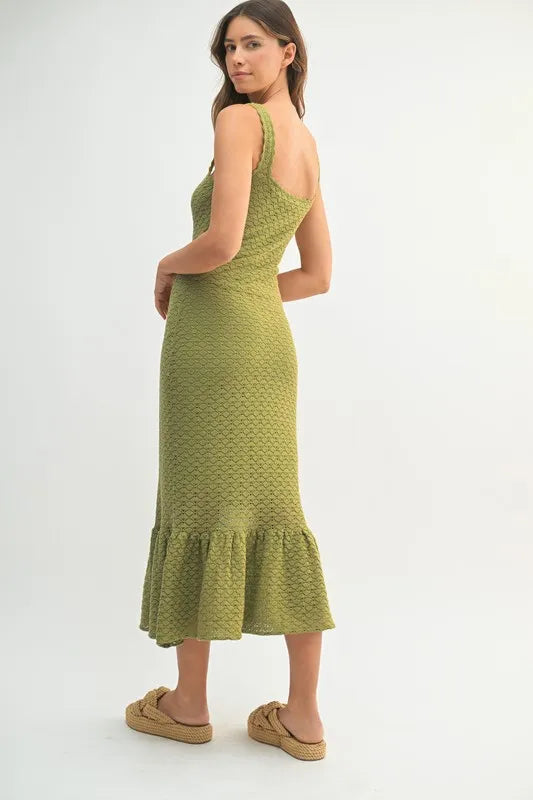 Olive Green Crochet Knit Midi Dress with Ruffled Hem