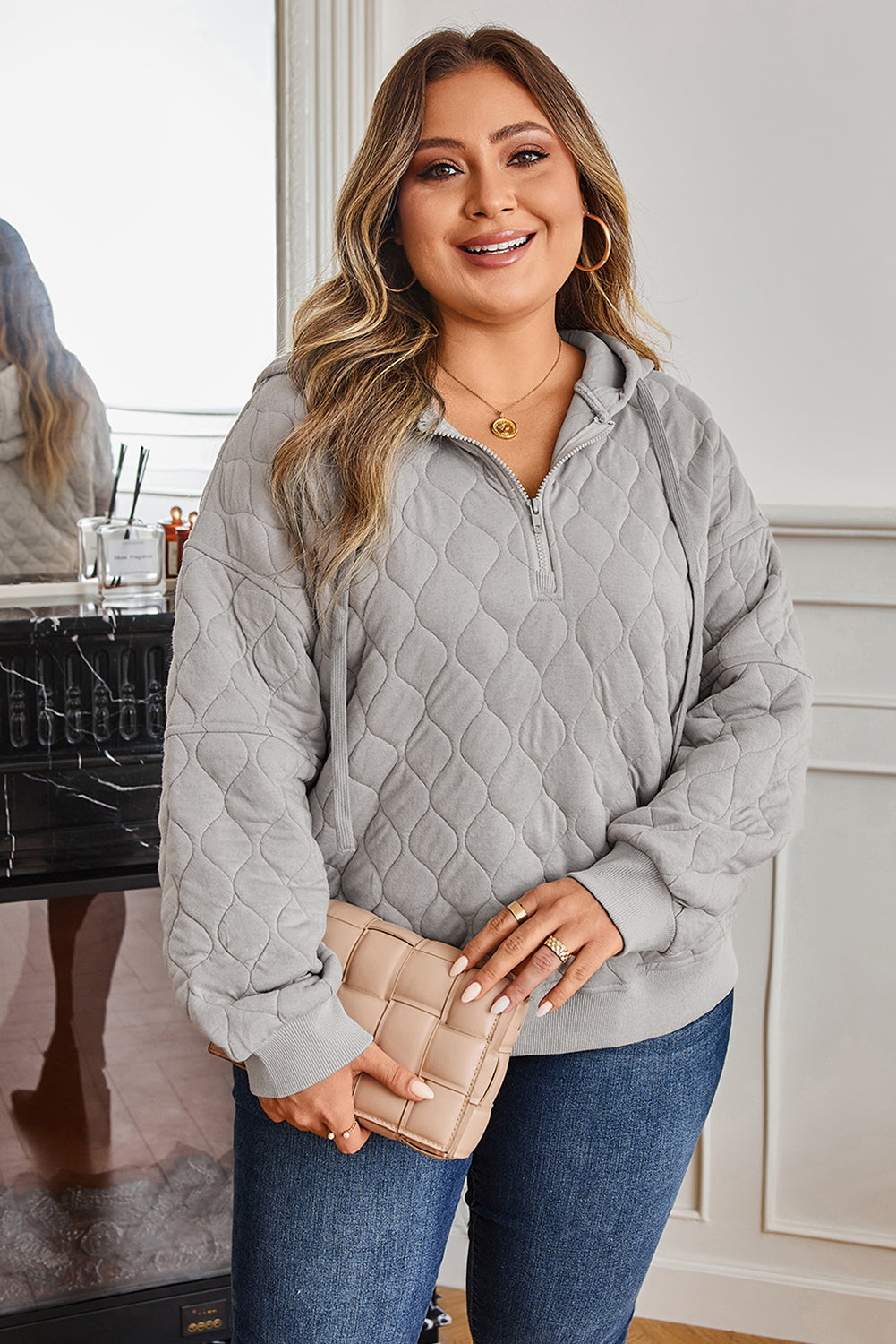 Gray Quilted Quarter Zip Hoodie | Soft Polyester