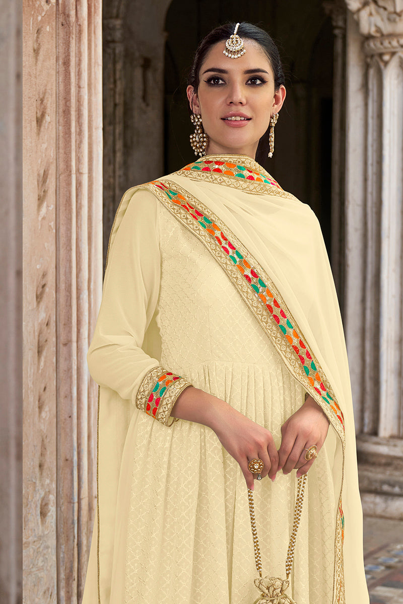 Cream Georgette Floor Length Anarkali Suit with Sequins Work