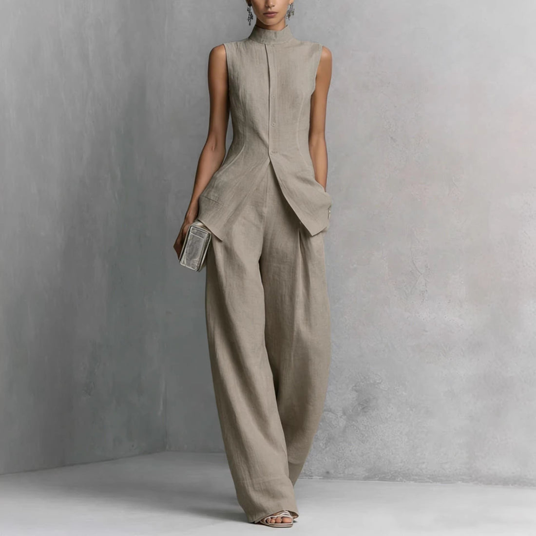 Women's Sleeveless High Neck Top and Wide Leg Pants Set - Image 4
