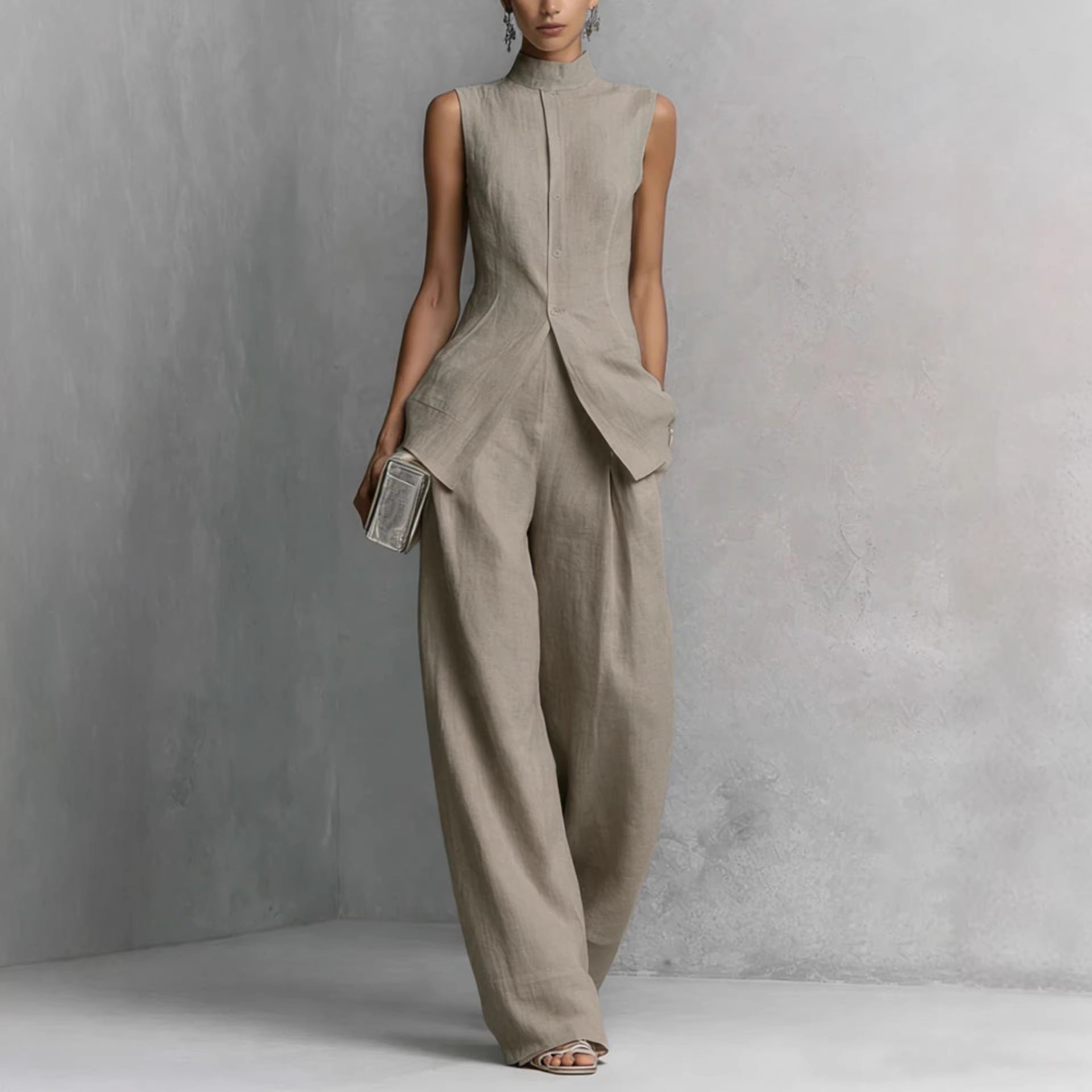Women's Sleeveless High Neck Top and Wide Leg Pants Set - Image 4