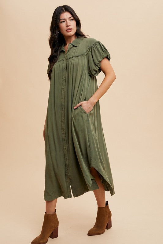 Olive Green Mineral Washed Puff Sleeve Shirt Dress
