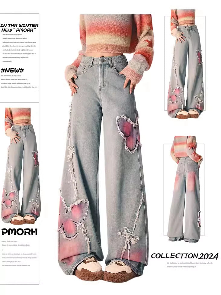 Washed Black Wide Leg Distressed Butterfly Denim Pants - Image 7