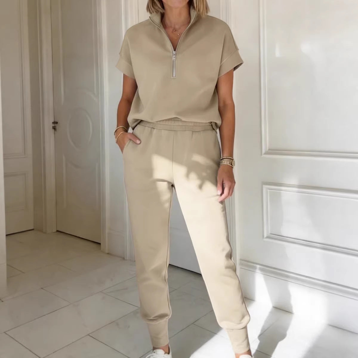 Short Sleeve Quarter Zip Top and Jogger Pants Set - Image 5