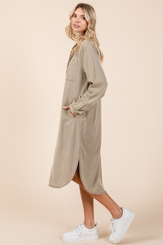 Button Down Long Sleeve Cotton Shirt Dress - Olive-Green & Khaki
