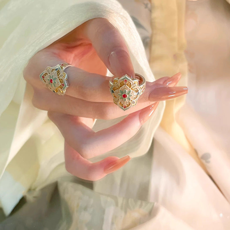 Misty Rain Gold-Embellished Enamel Peony Chinese-Style Hollow Open Ring