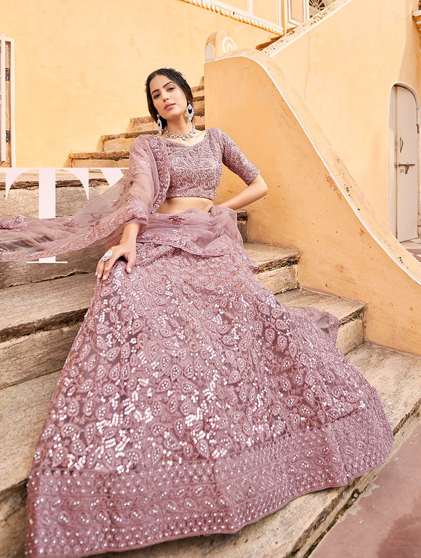 Mauve Net Zarkhan Work Heavy Lehenga Choli for Weddings