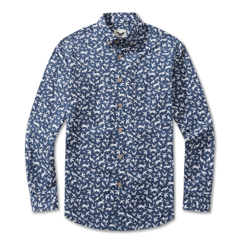 Men's blue and white long sleeve Hawaiian shirt with bird and rabbit print.
