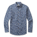 Men's blue and white long sleeve Hawaiian shirt with bird and rabbit print.
