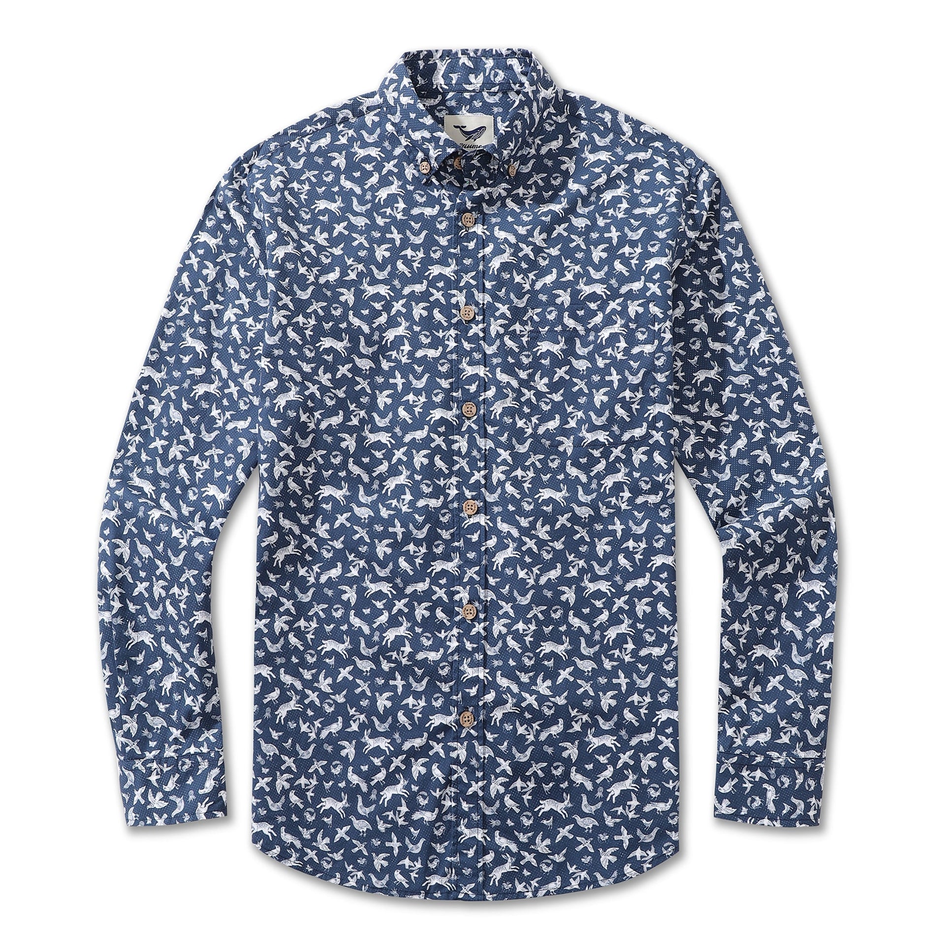 Men's blue and white long sleeve Hawaiian shirt with bird and rabbit print.