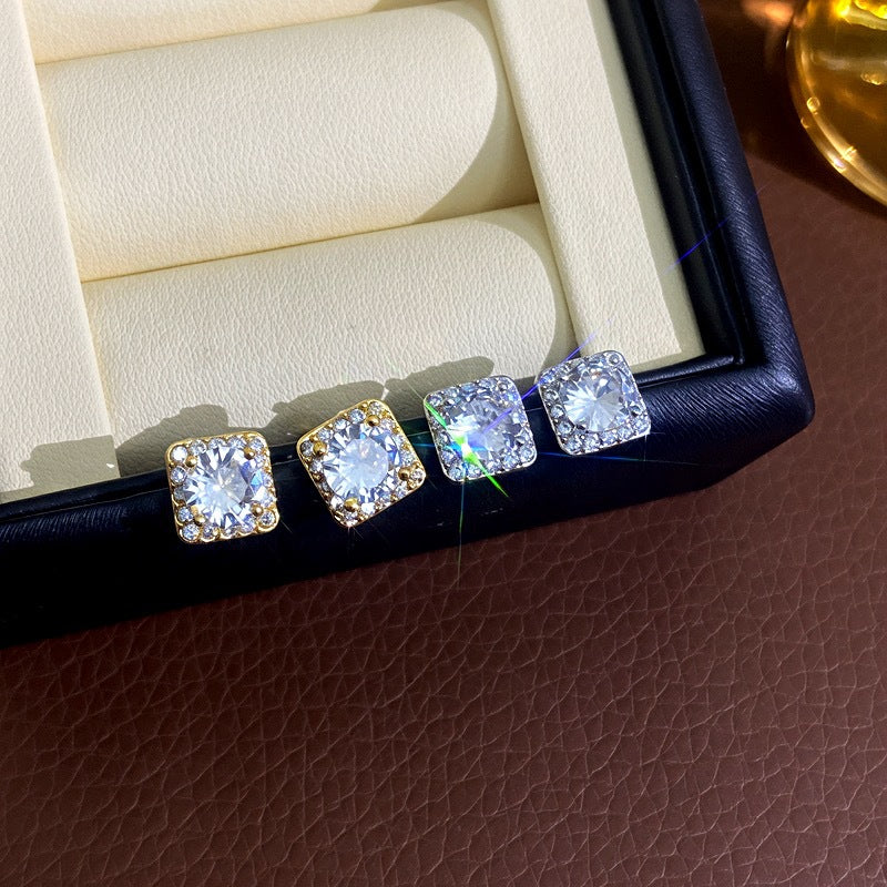 Womens Delicate Mini Geometric Square Rhinestone Stud Earrings,Costume Earrings For Daily Party Wear