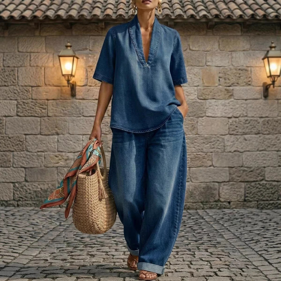 Washed Denim V-Neck Top and Wide-Leg Pants Set - Image 4